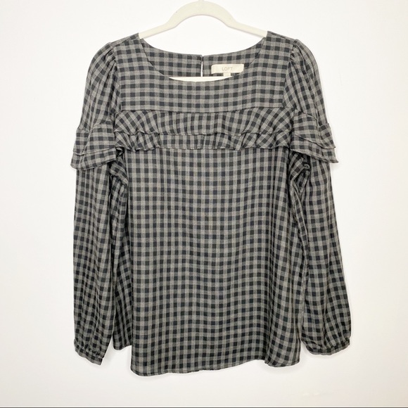 LOFT Tops - LOFT Knit Gingham Long Sleeve Top Gray M